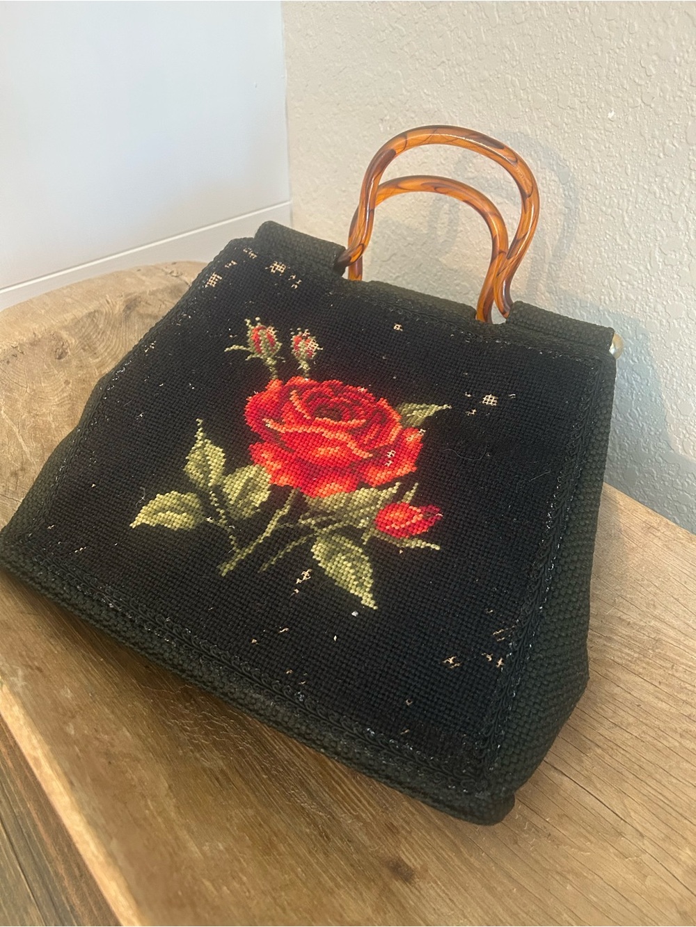 Vintage 40’s Black Floral Needlepoint Handbag with Bake Lite Handles